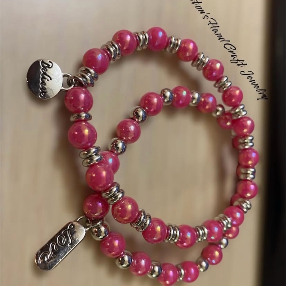 Pink and Silver Beaded Bracelet with Charms. Customized!